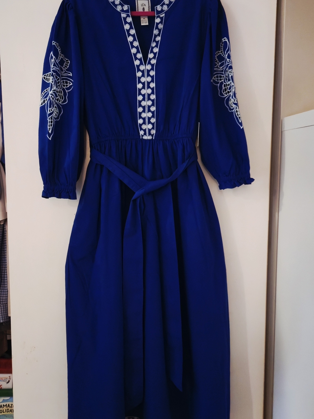 Lea Blue Embroidered Tie-Waist Maxi Dress